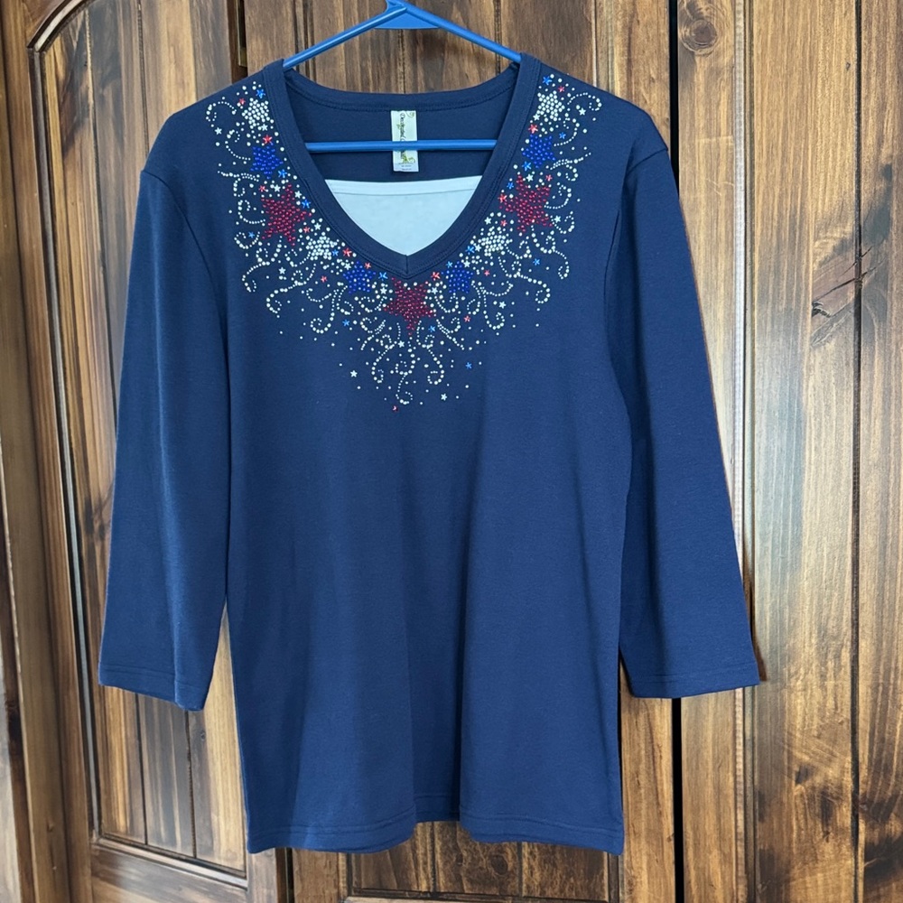 Embellished Navy V-Neck 3/4 Sleeve Women's Top 4th of July!